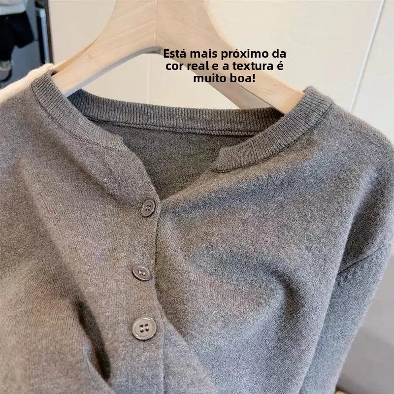 Cardigan Aberto de Lã Fina e ga da Pele, Versão Coreana para Mulheres, Estilo Solto com Decote em V, Suéter Curto