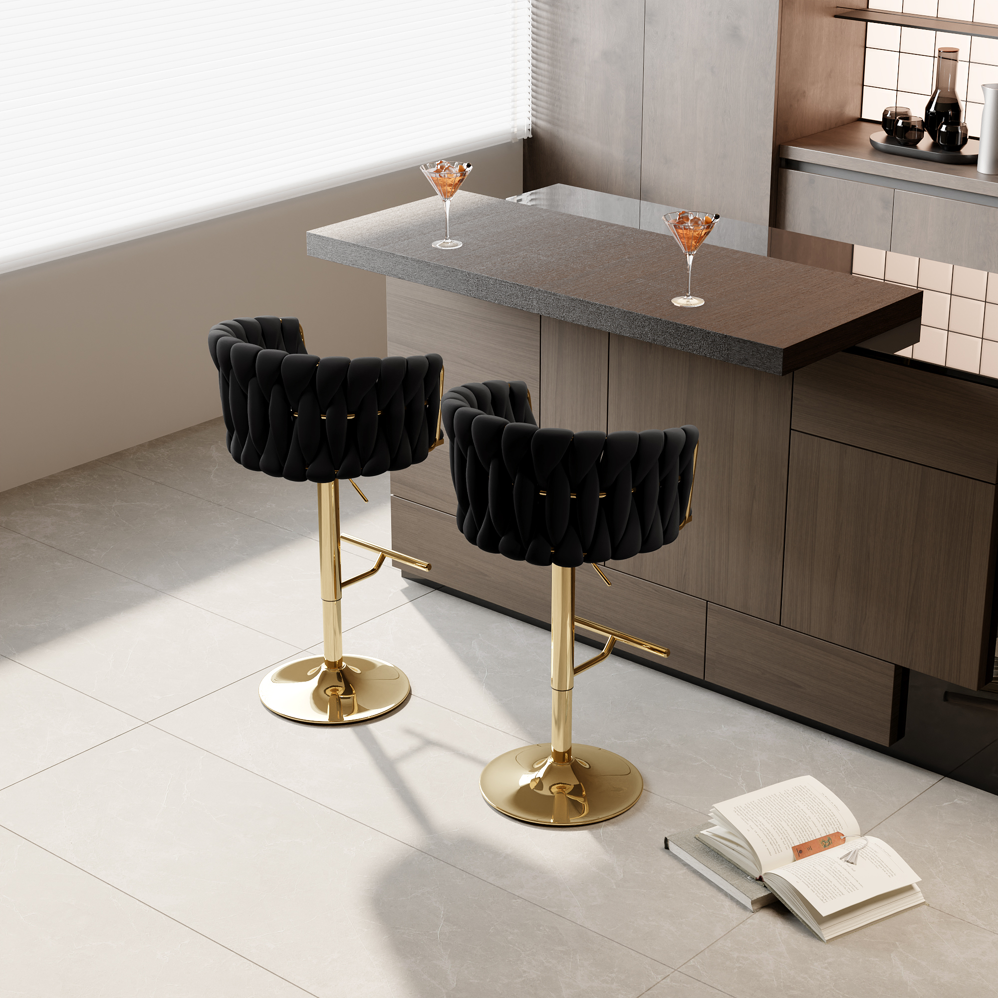 360 °   Drehbarer Barhocker, 2er-Set, Samt-Barhocker in Thekenhöhe, höhenverstellbare Barstühle für Küche, Wohnzimmer, Schwarz