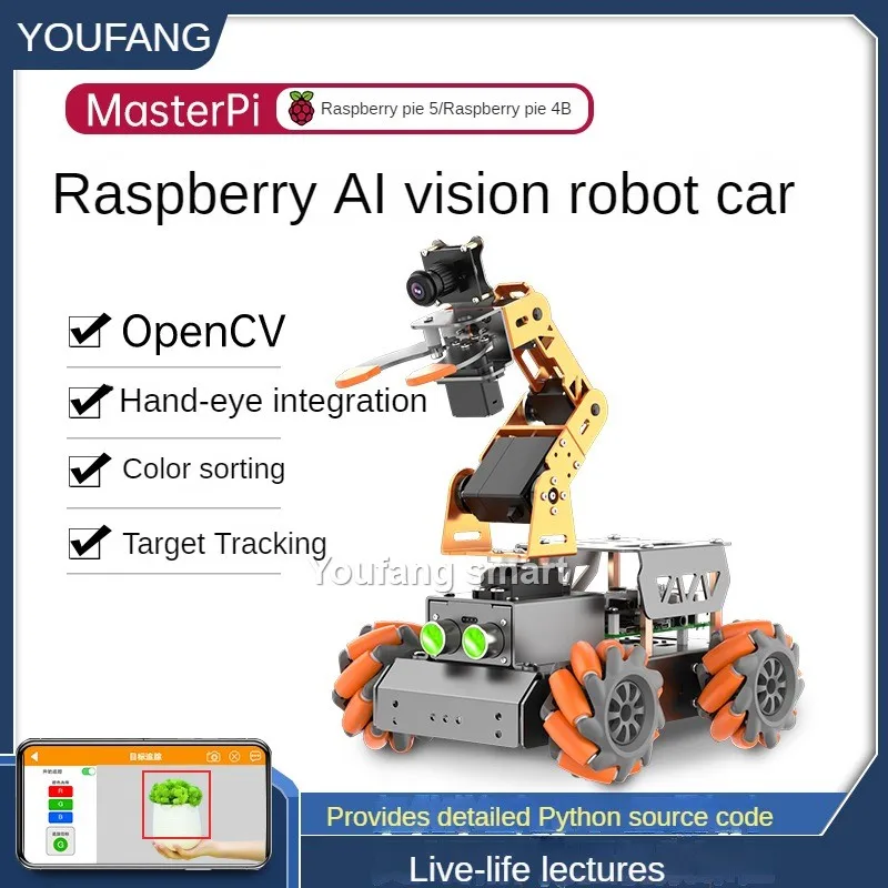 4WD Mecanum ล้อหุ่นยนต์รถกล้อง Claw 4 Dof แขนหุ่นยนต์สําหรับ Raspberry Pi 4B หุ่นยนต์ DIY ชุดเปิด AI Python Starter Kit
