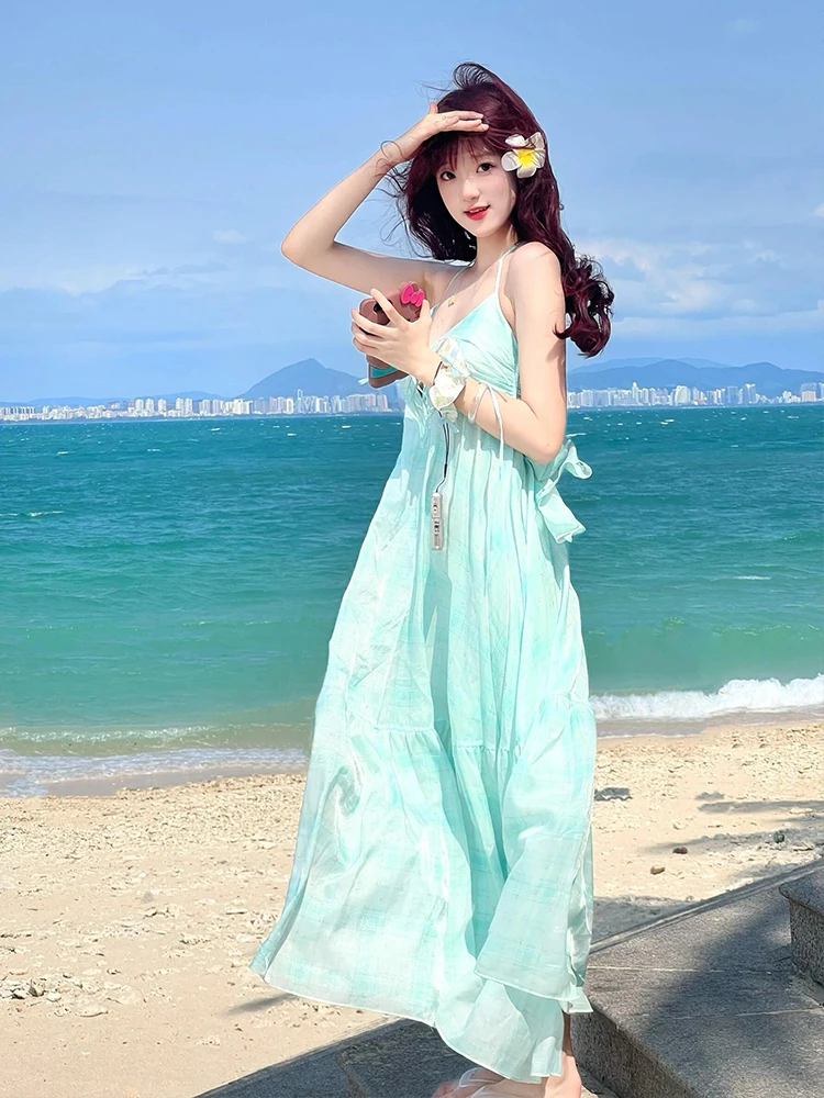 夏の妖精ロングドレスネックハンギングストラップレディースドレス写真撮影センセーション休暇ビーチ高級感Aラインスカート