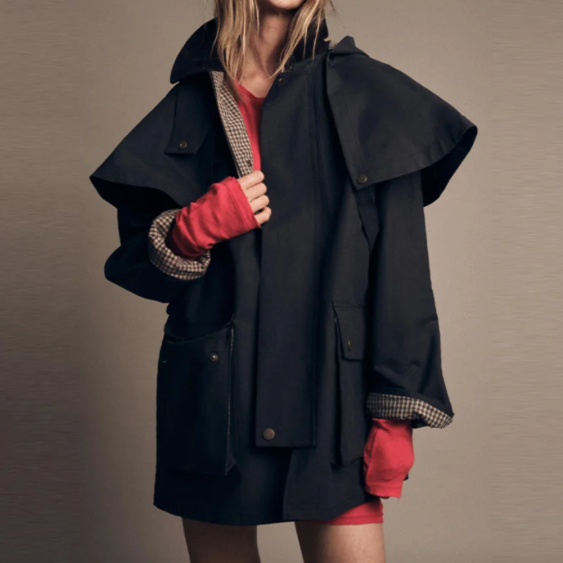 Gabardina elegante de otoño para mujer, chaquetas de mujer largas con capucha extraíbles, abrigos holgados con bolsillos y cremallera, prendas de vestir informales para mujer 2025