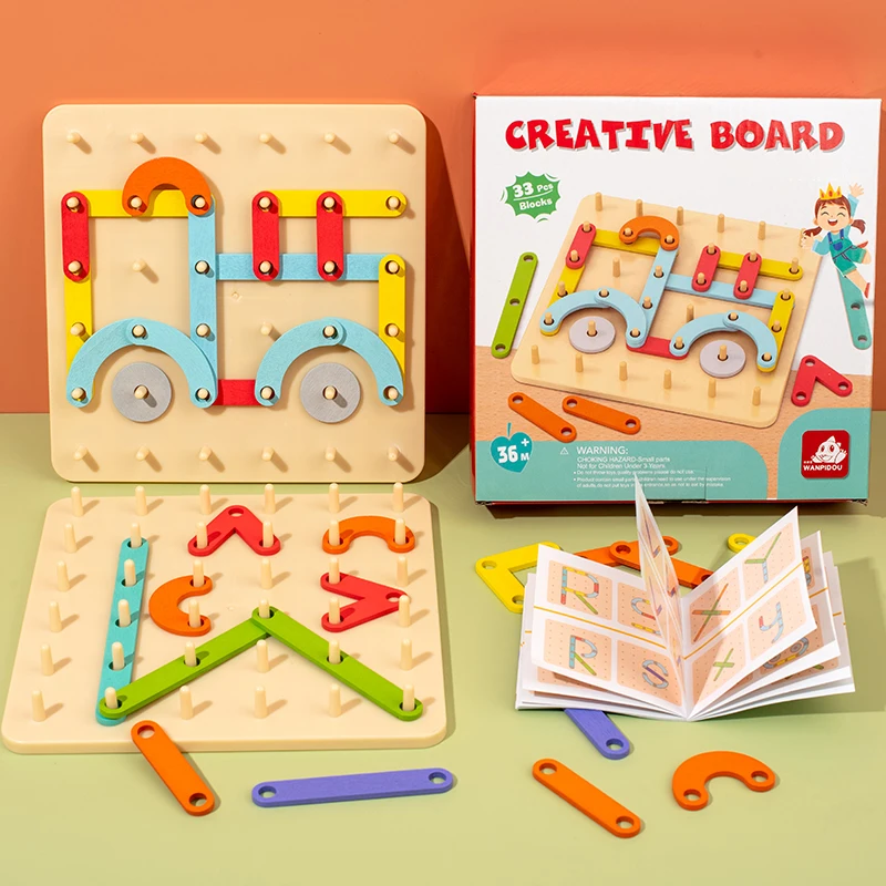 Crianças brinquedos de madeira placa criativa placa de unhas conjunto coluna geométrica construção quebra-cabeça geométrico pegboard montessori sensorial