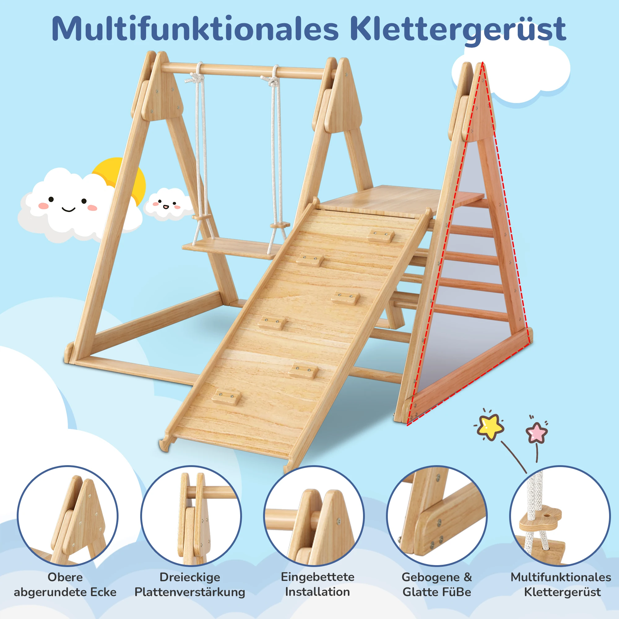 Slide and swing for children, wooden toys for children Made of solid pine, plywood 3 in 1 children's toy with climbing scaffold