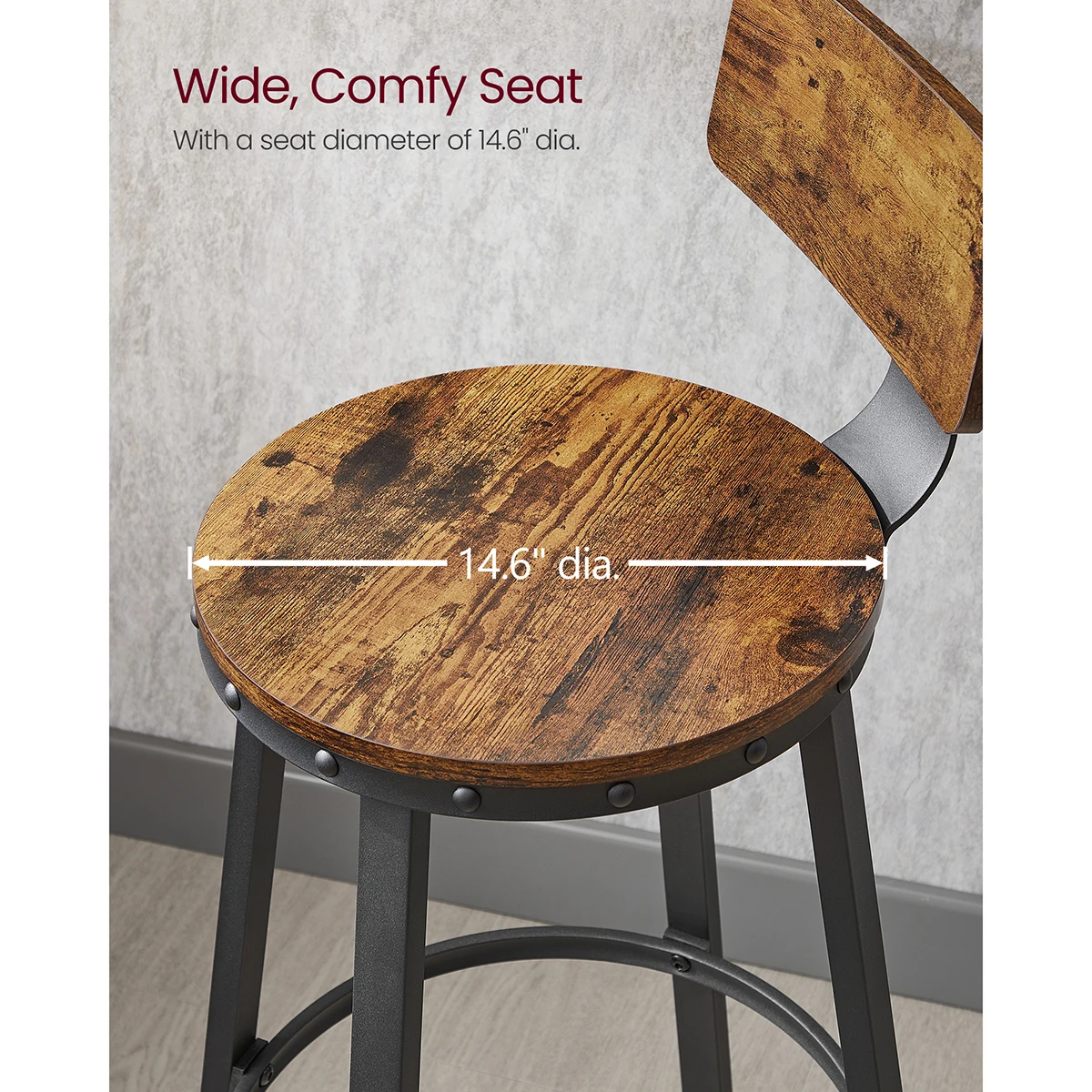 VASAGLE Bar Stools Set of 2, Kitchen Breakfast Bar Chairs, with Backrest, Steel Frame, 62.5 cm Tall Seat, Easy Assembly