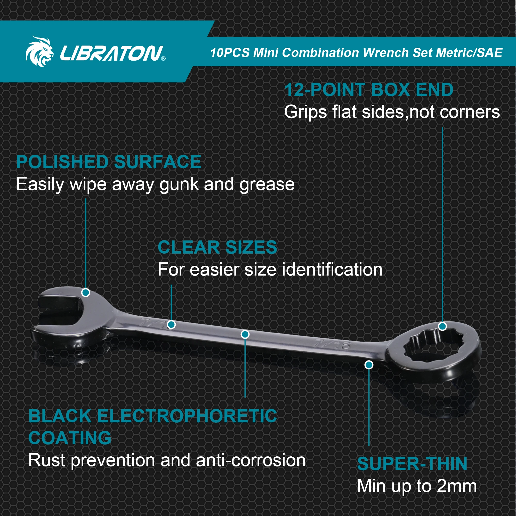 LIBRATON 10PCS Mini Combination Wrench Set with Rolling Pouch Metric 4-11mm/SAE 5/32"-7/16" Carbon Steel