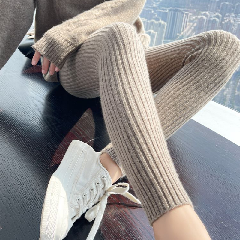Slimกางเกงขายาวผู้หญิงฤดูใบไม้ร่วงสูงเอวสบายๆกางเกงถักRibbed Thickenความยืดหยุ่นความร้อนข้อเท้า-ความยาวLeggins