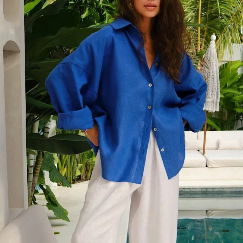 Ammug Wit damesshirt met lange mouwen, elegante effen blouse, vrouw, vintage zomer, losse shirts voor dames, basic topkraag