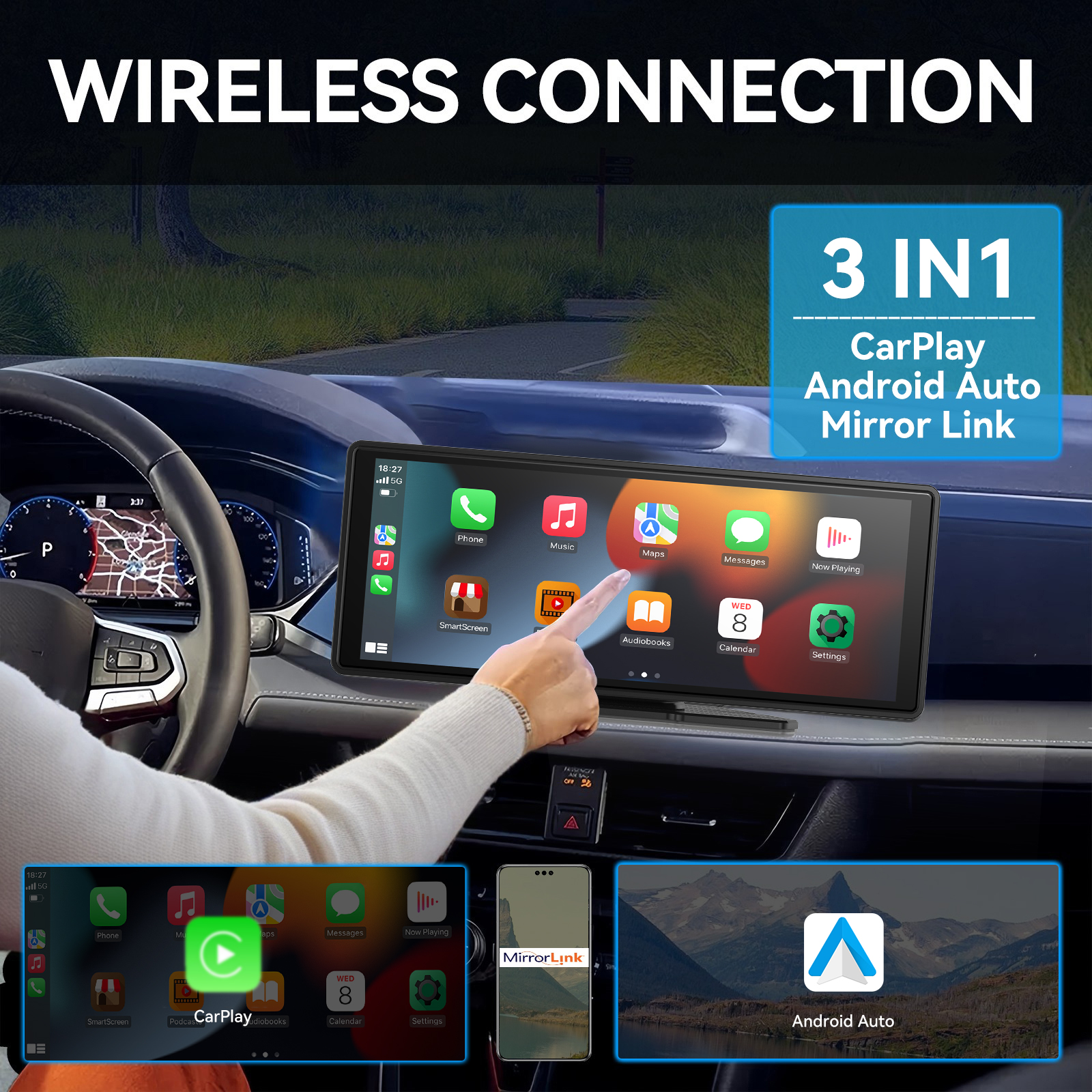 Pionray 10,26 "Универсальный CarPlay Android Auto автомобильный радиоприемник мультимедийный видеоплеер IPS сенсорный экран с AUX USB камера заднего вида