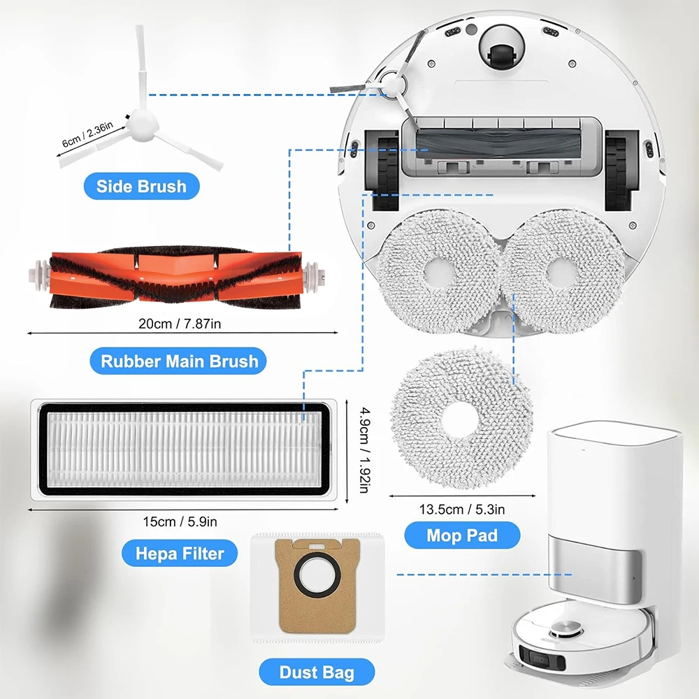 อะไหล่สำหรับหุ่นยนต์ดูดฝุ่น Xiaomi Robot Vacuum X20+ X10+ X20 Plus X10 Plus ประกอบด้วยแปรงหลัก แปรงข้าง ไส้กรอง Hepa ผ้าม็อบ ถุงเก็บฝุ่น