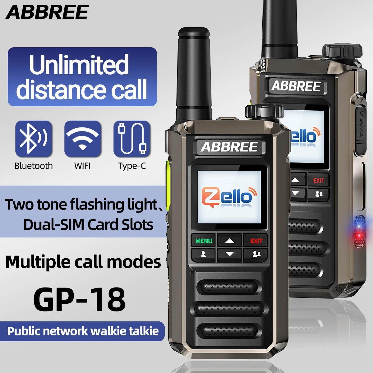 ABBREE GP-18 Zello Netzwerk Walkie Talkie Dual Sim Karte Slots Global POC Android Bluetooth WIFI Entfernung unbegrenzte 2G/3G/4G Radio