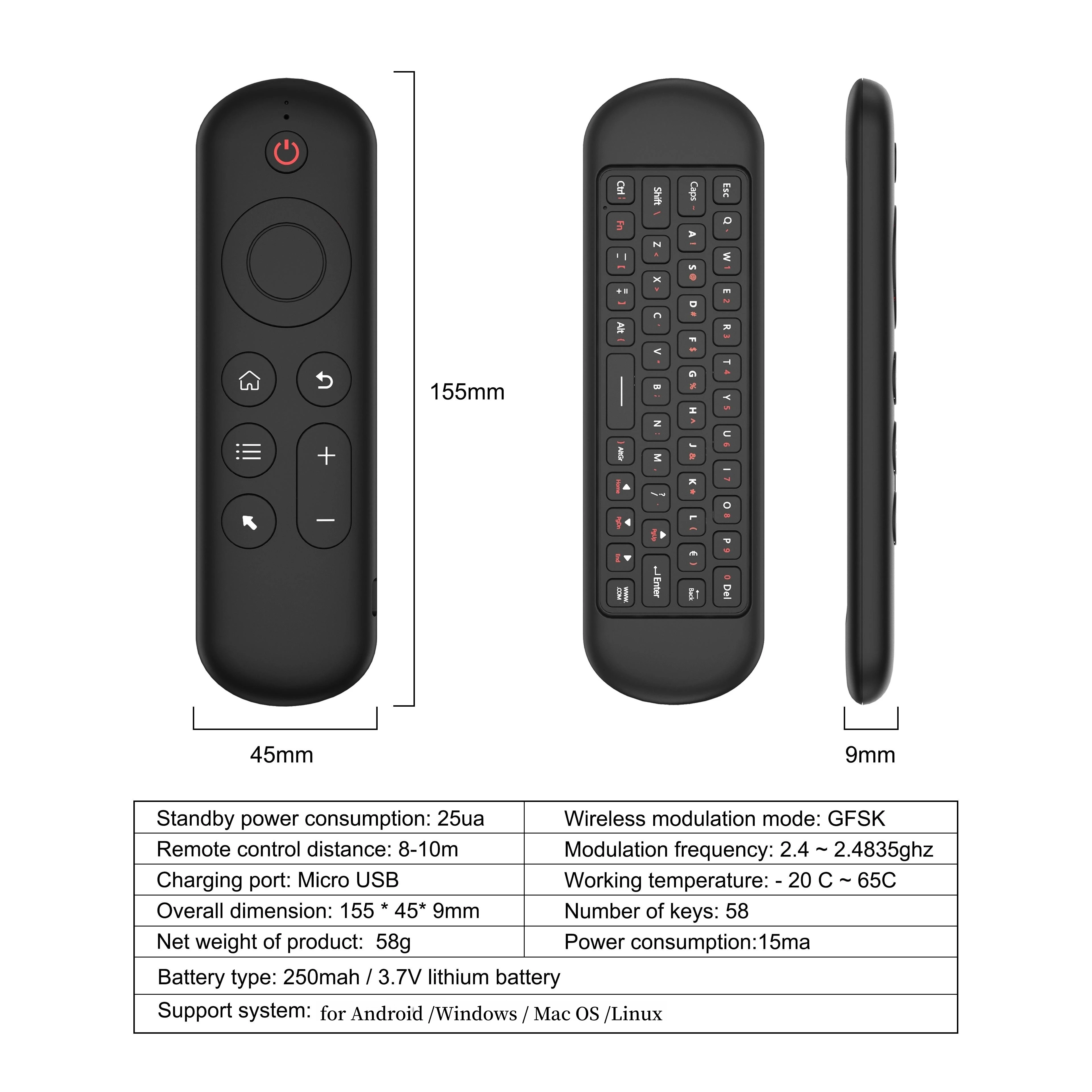 2,4 G BT 5.2 Fernbedienung Drahtloses Gyroskop Air Mouse 7-Farben-Hintergrundbeleuchtung USB-Empfänger Mini-Tastatur für Android Smart TV Box PC