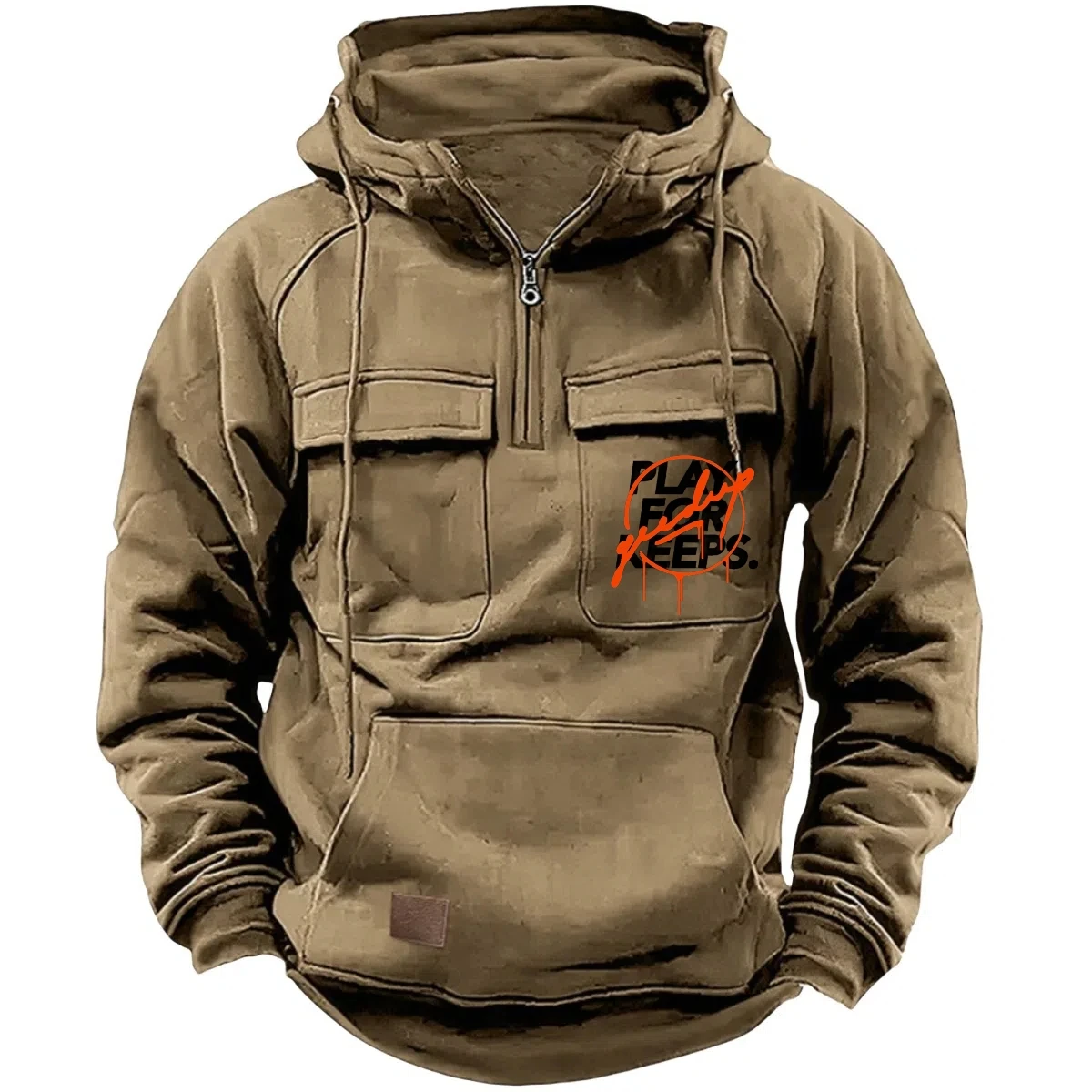 Sudadera con capucha táctica con media cremallera para hombre, sudadera estilo ropa de trabajo de lana cálida de color sólido, chaqueta con capucha multibolsillos para hombre