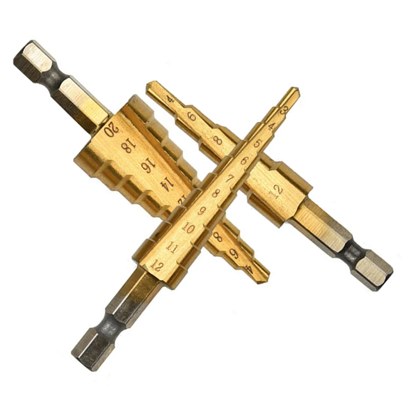3pc Hexagonal Shank Titanium Plated Ladder Drill Bit Set 3-12/4-12/4-20mm Expanding punching holes Set