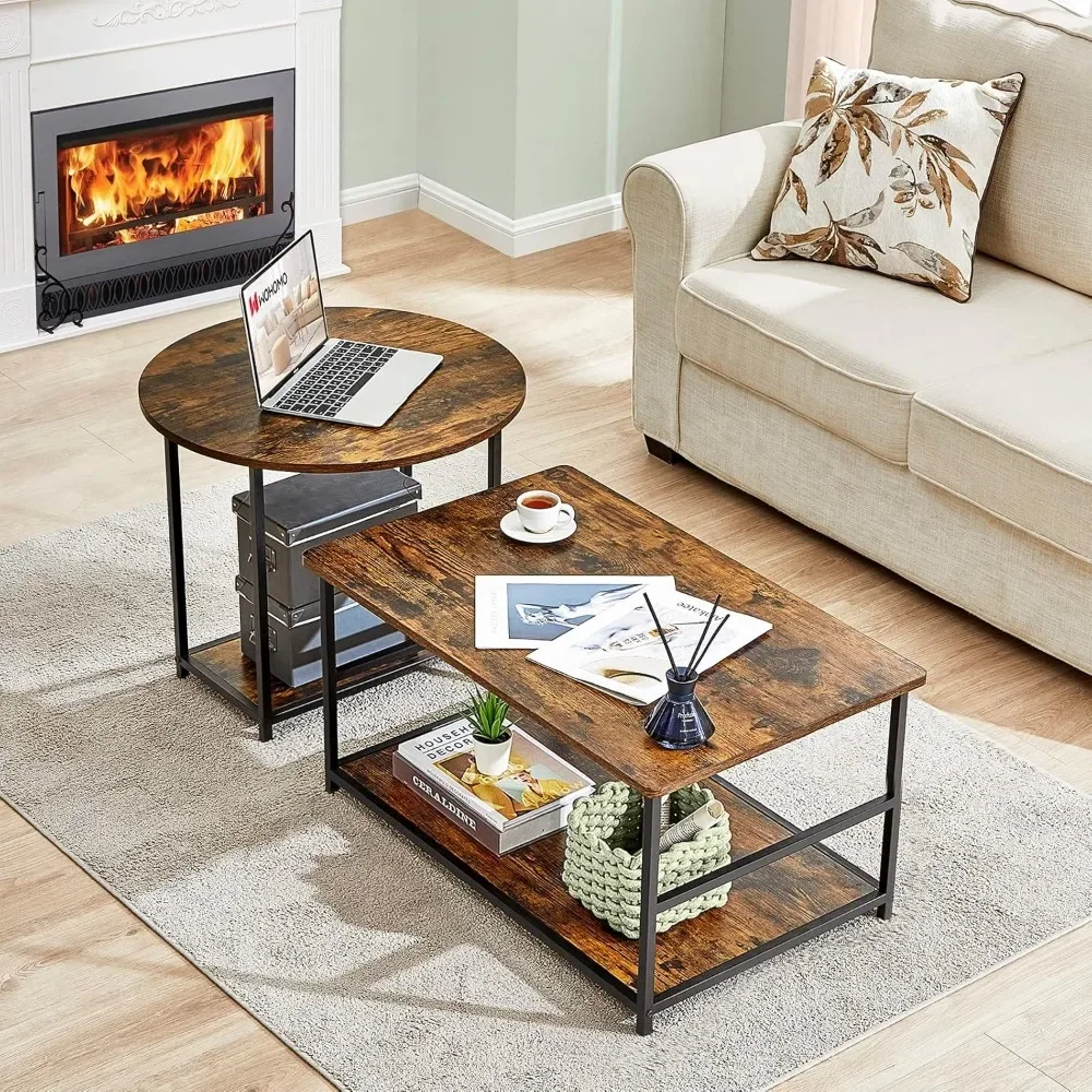 Couchtisch, Mid-Century Modern Couchtisch für Wohnzimmer, rustikaler Bauernhaus-Mitteltisch, 2-in-1 abnehmbares Tischset, R
