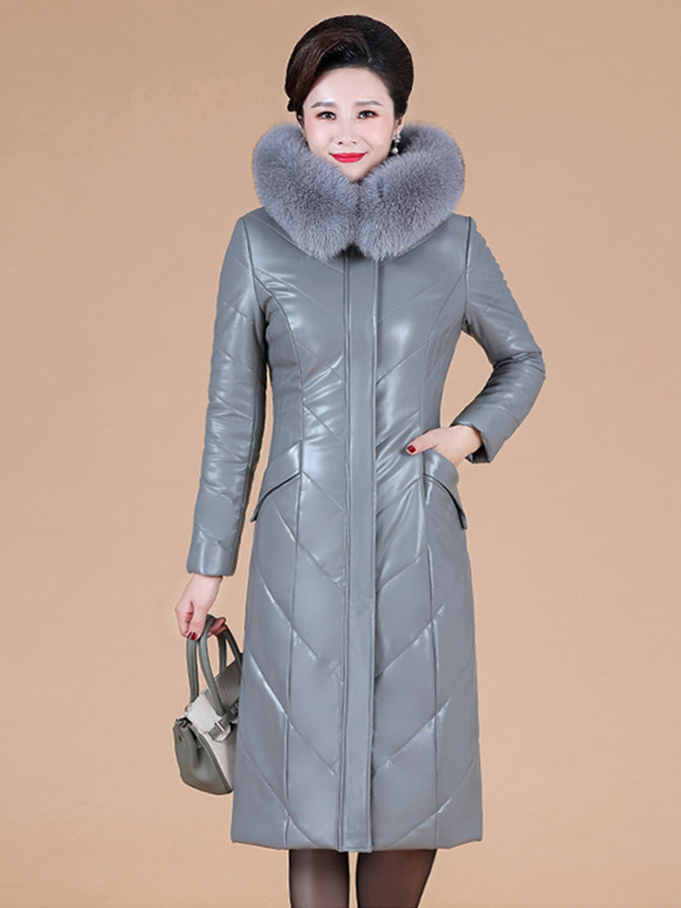 L-8XL Mutter Daunenmantel Lederjacke Frauen Winter Mode Warm andicken Mit Kapuze Abnehmbar Kragen aus Kunstpelz Gespaltenes Schaffell Mantel Schlank Lang Oberbekleidung Weiblich