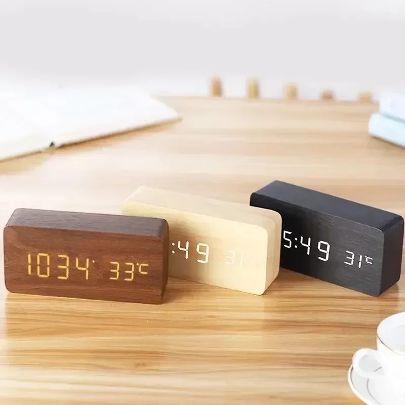 Digital Alarm Clock Wooden LED Table Clock with Temperature for Bedroom Office Travel Desk Decorations