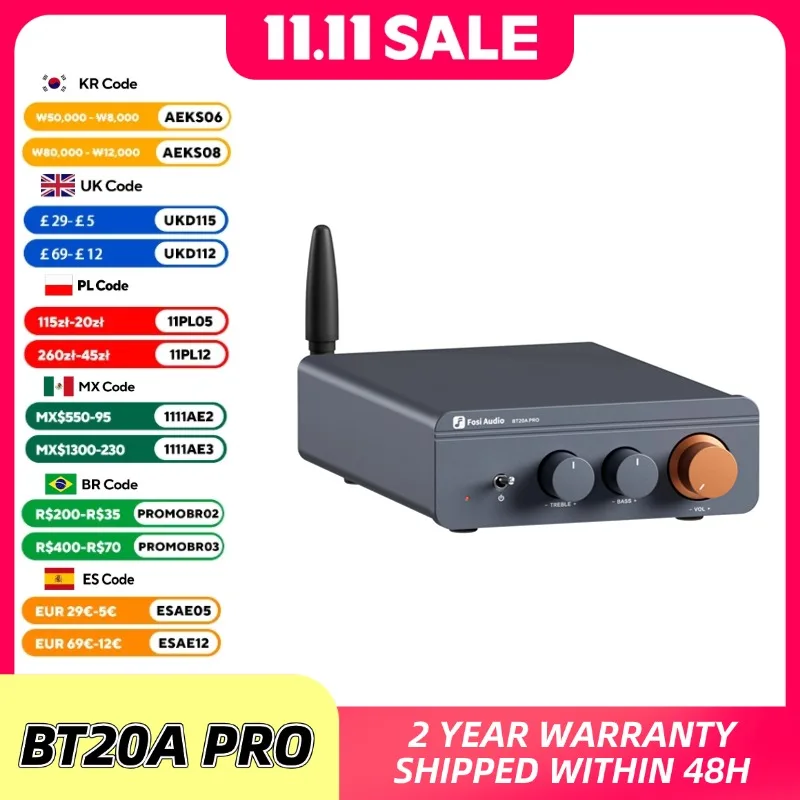 Fosi áudio bt20a pro tpa3255 amplificador de potência de som bluetooth 300w x2 mini alta fidelidade estéreo classe d amp baixo agudo para home theater