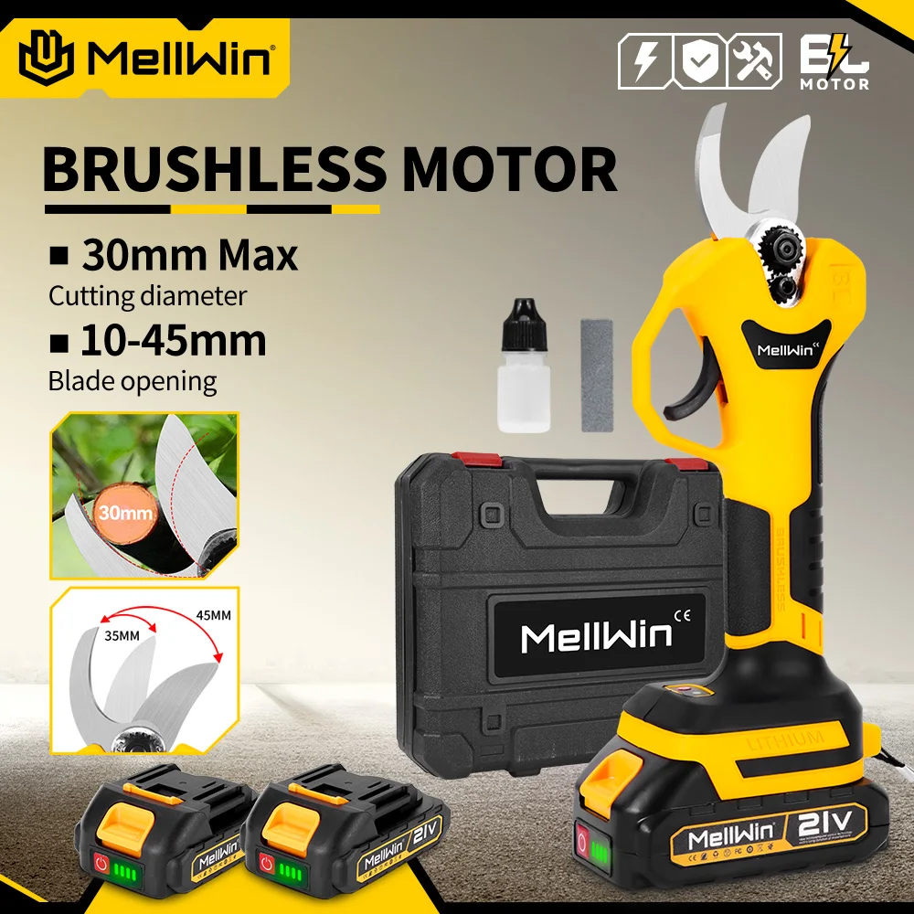 MELLWIN 30mm Brushless Electric Pruner Shear 2Gears Cordless Fruit Tree Bonsai Pruning Scissors Tools For Makita 18V Battery Pin
