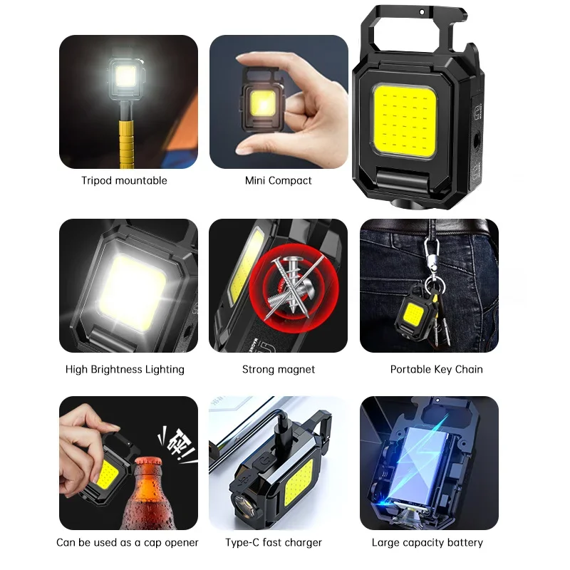 Mini-Taschenlampe, Schlüsselanhänger-Licht, COB-Arbeitsleuchte, wiederaufladbare USB-Lampe mit 90er °   Faltbare Seitenlichter, superhelle tragbare Laternen