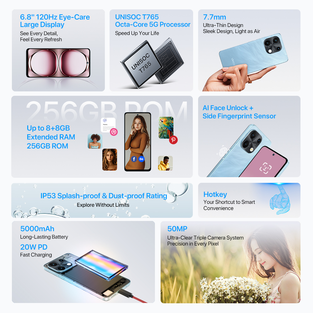 UMIDIGI Note 100 5G Android 14 Smartphone 5G Octa-Core 6.8"120Hz HD+ 8+8GB 256GB/6+6GB 128GB 50MP Triple Camera 20W Cellphone