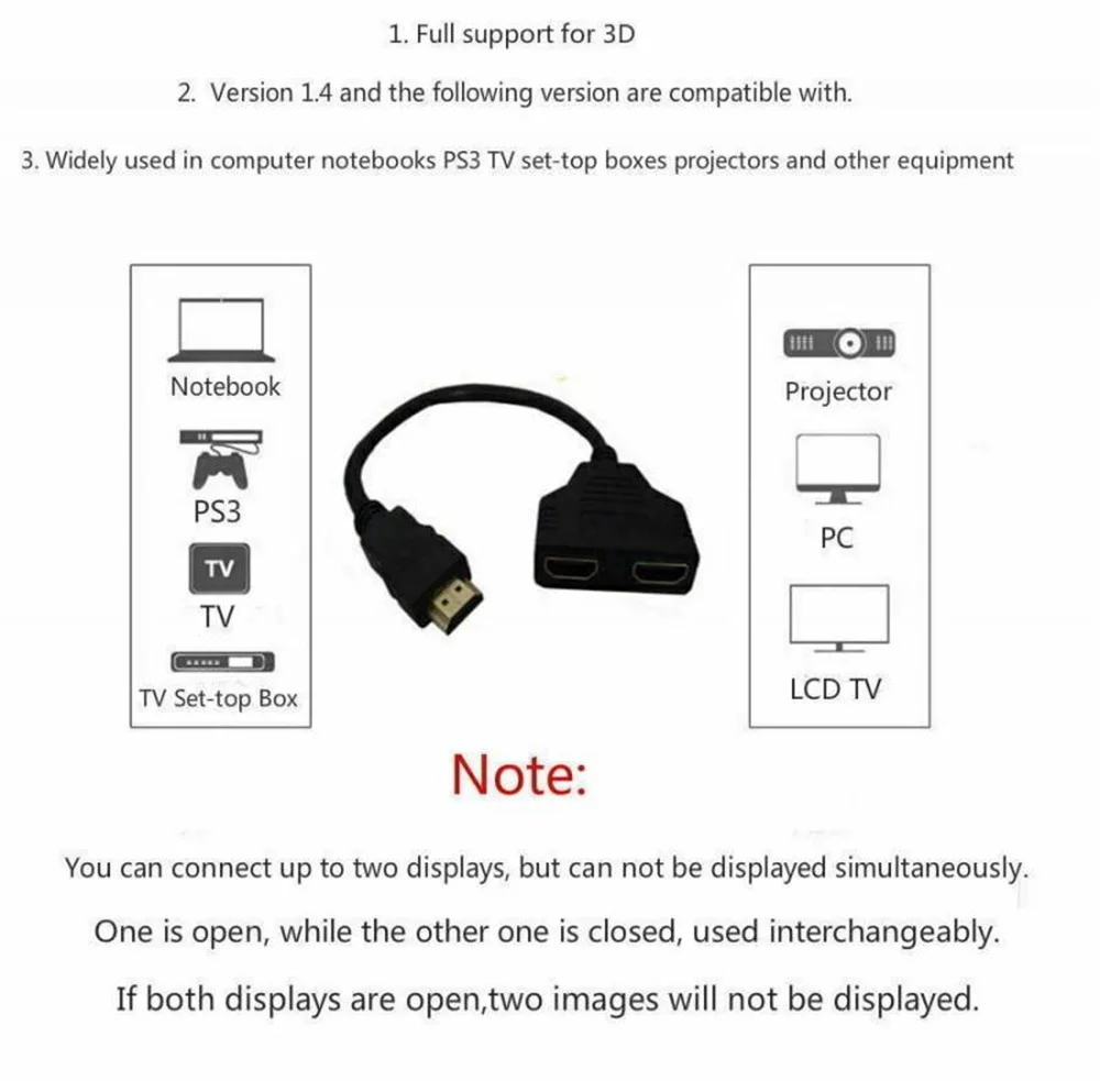 Hd 1080p hdmi divisor porta dupla 1 em 2 cabo de saída macho para fêmea adaptador hdtv para portátil tv box monitor hdmi-divisor compatível