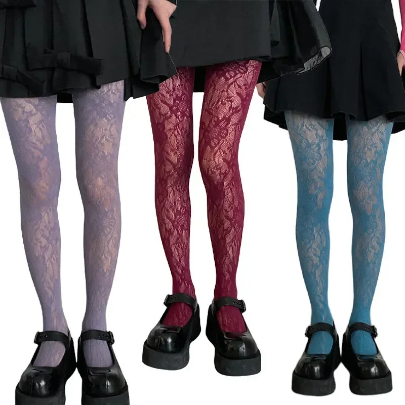 Y2k moda gótica flor ahueca hacia fuera pantimedias sexis mujeres rejilla vino rojo Ins chicas calientes JK medias mallas Hipster de alta elasticidad
