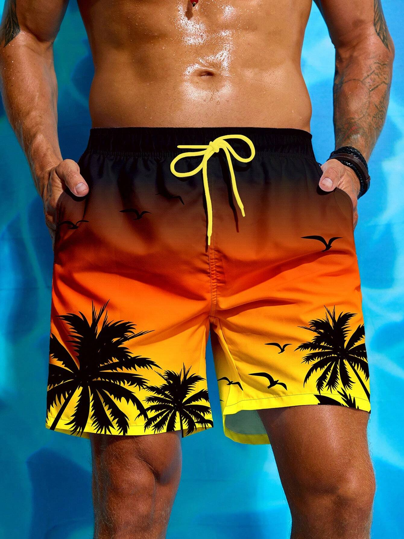 Short de bain respirant avec imprimé palmier pour hommes, short de planche à la taille, maillot de bain à la mode, impression 3D, vacances d'été, proximité, wstring, streetwear