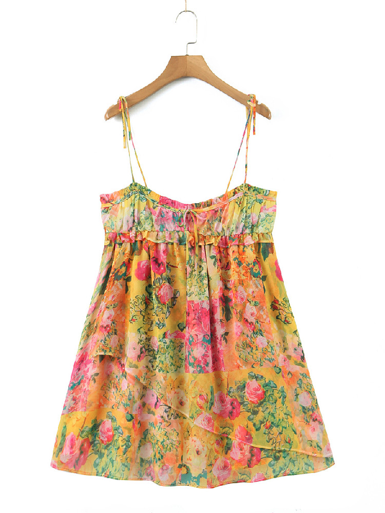 BOHO Bogen Geraffter BH Korsett Stil Blumendruck Spaghettiträger Minikleid Damen Rückenfrei Skater Schnürung Sling Robe Urlaub