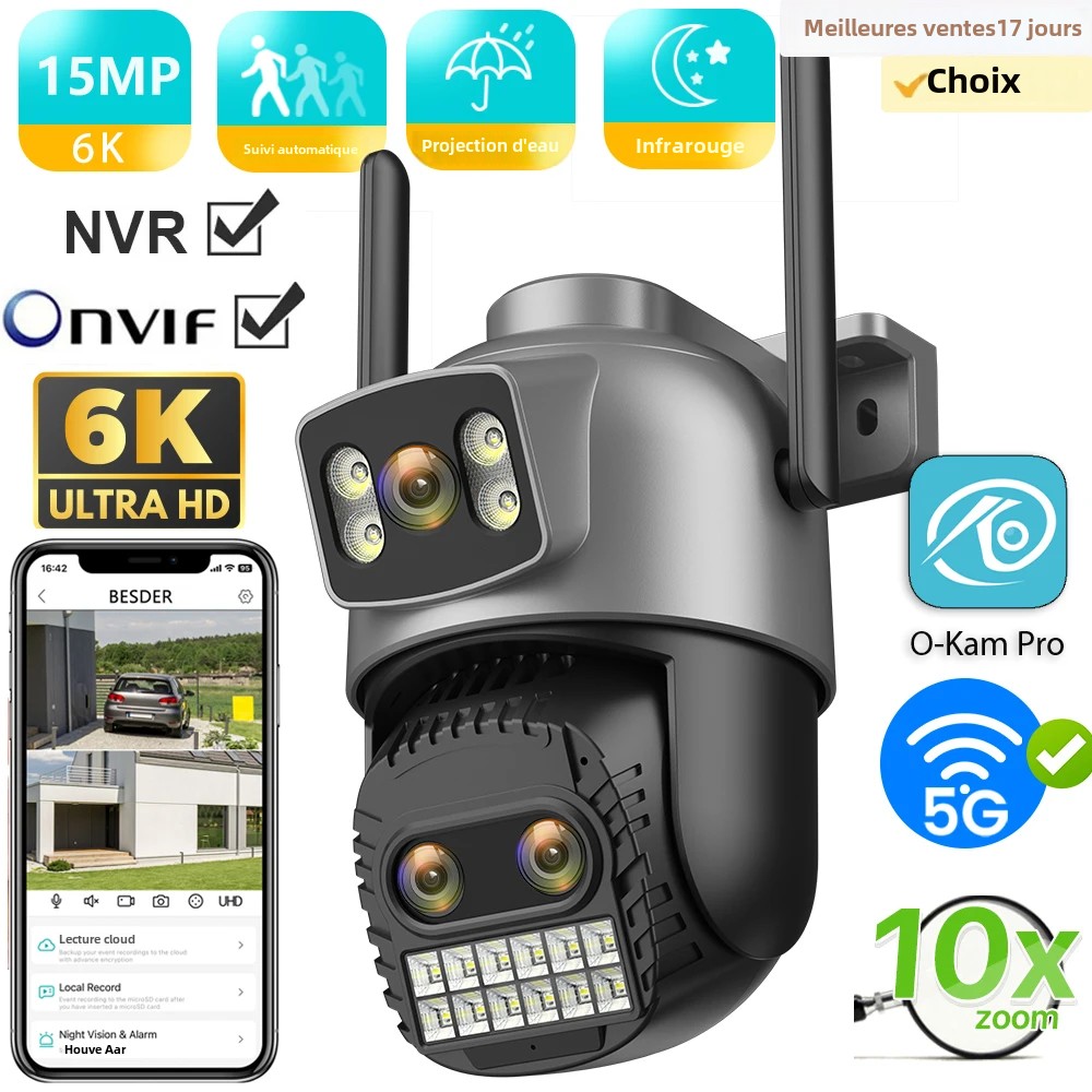 Caméra IP extérieure double écran, 15MP, WiFi, PTZ, zoom numérique 10X, 4K, détection humaine, caméra de sécurité, Surveillance, application O-Kam Pro