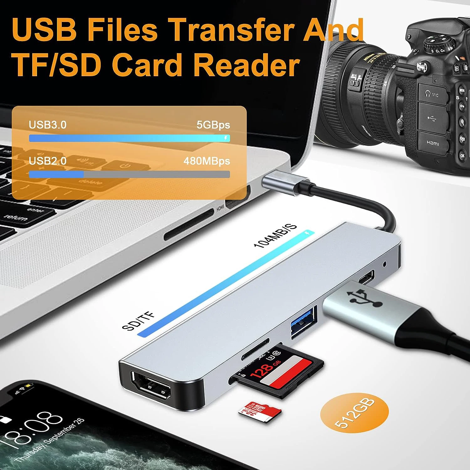 TUTi 6-in-1 USB C Multiport-Adapter für Laptops mit HDMI PD 100 W Stromversorgung SD/TF-Kartenleser USB 3.0 und 2.0-Anschlüssen