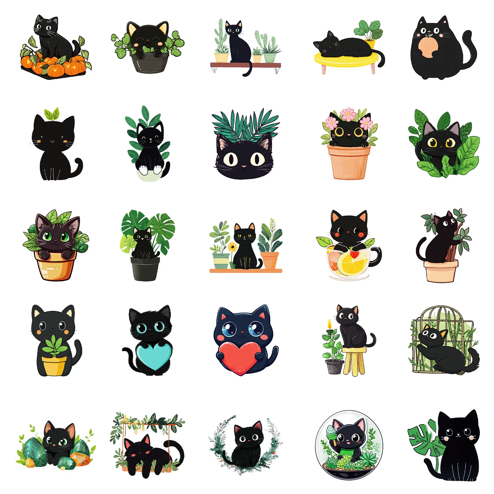 50Pcs 손으로 그린 ​​식물 검은 고양이 낙서 장식 스티커 만화 물 컵 기타 컴퓨터 스케이트 보드 스티커
