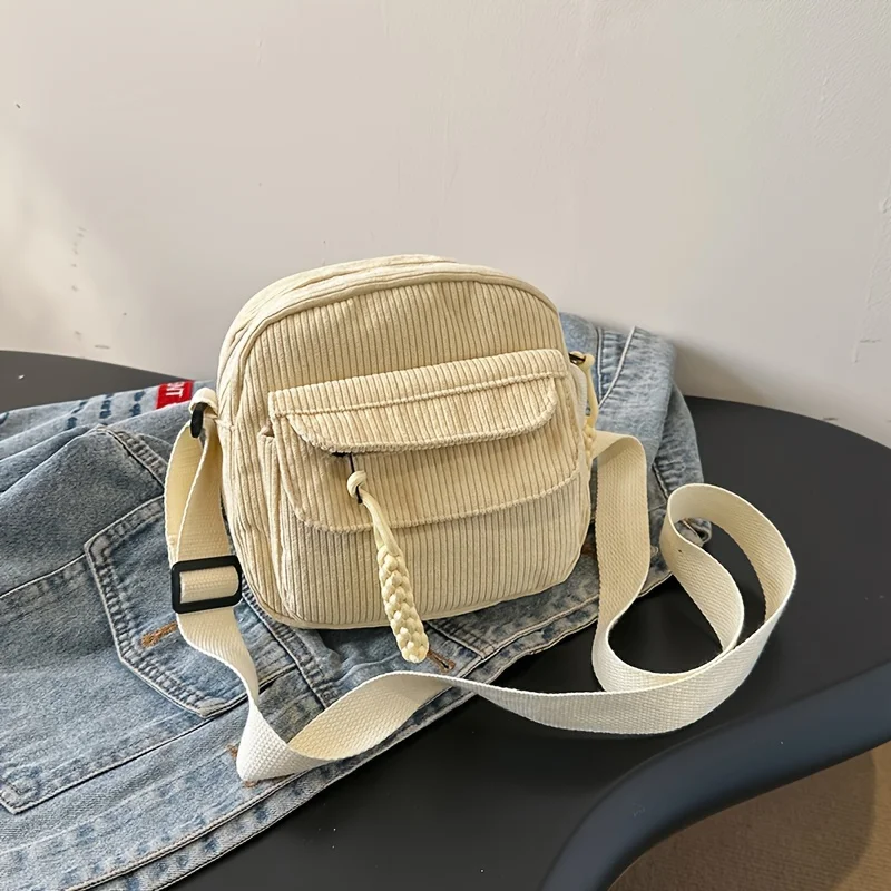 Bolsa crossbody de veludo harajuku vintage, bolsa de ombro casual estilo japonês com fecho de zíper, bolsa chique para uso diário