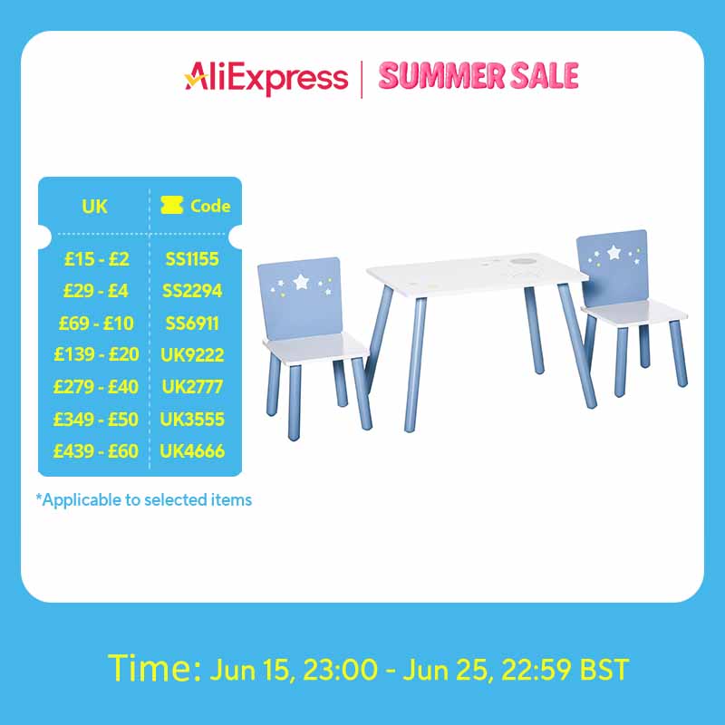 HOMCOM 3 Pcs Kids Table & Chairs Set with Wood Legs Safe Corners Cute Stars Seating Blue