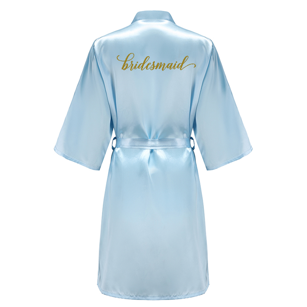 Blue Bride Bridesmaid Robe With Gold Letters Mother Sister Wedding Gift Bathrobe Satin Kimono