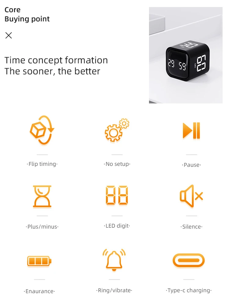 Produttività Cube Timer sensore di gravità Flipping Display a LED 4 Preset Time Dual Modes conto alla rovescia studio di cottura Mini Timer digitale