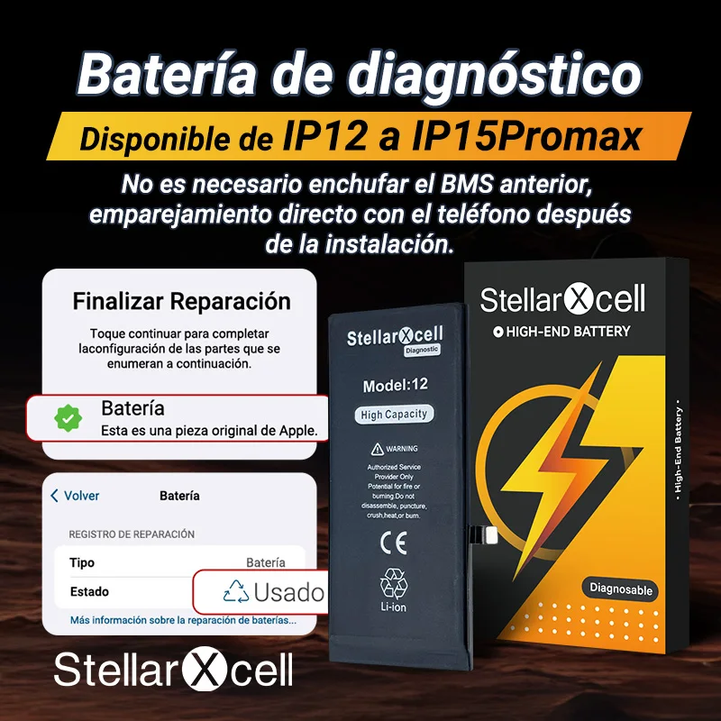 La batería de diagnóstico StellarXcell muestra una pieza genuina sin mensaje emergente para iphone 12 13 Pro max 14 Plus 15Pro max 14Pro 12 13mini
