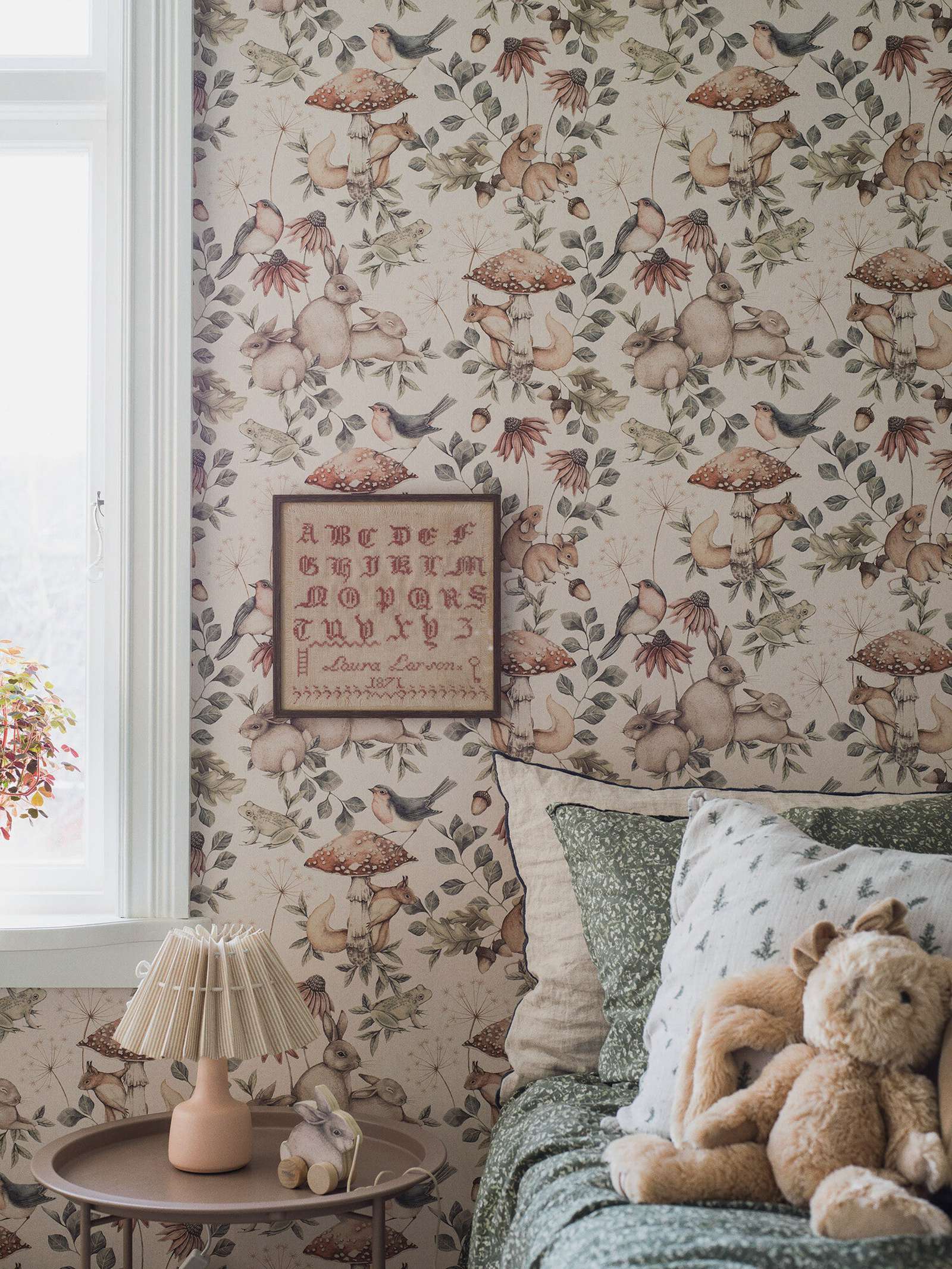 Magic fairytale landscape wallpaper for Kids with squirrels, robins, wood mice and rabbits