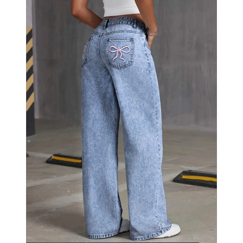 Denim perna larga jeans cintura alta arco bordado bolso perna larga jeans moda feminina estilo casual