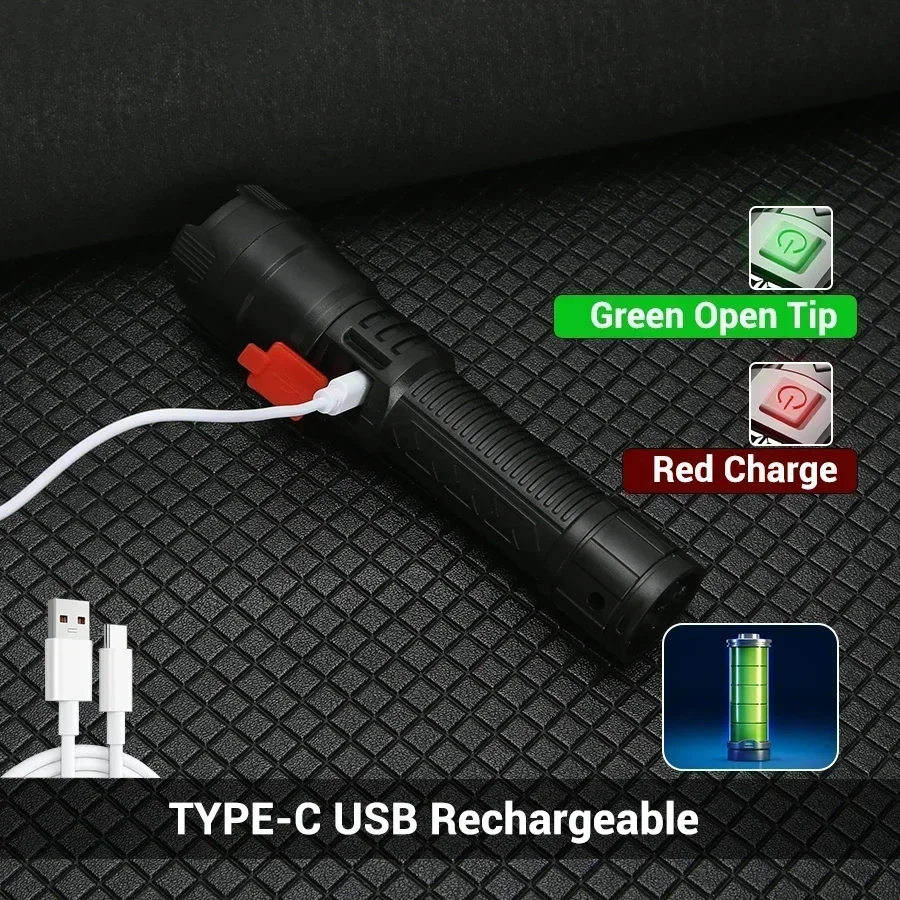 Hochstarke LED-Taschenlampen, 2000 lm, taktische Taschenlampe mit Display-Licht, USB-Aufladung, Camping, Angeln, Notfall-Zoom-Laterne