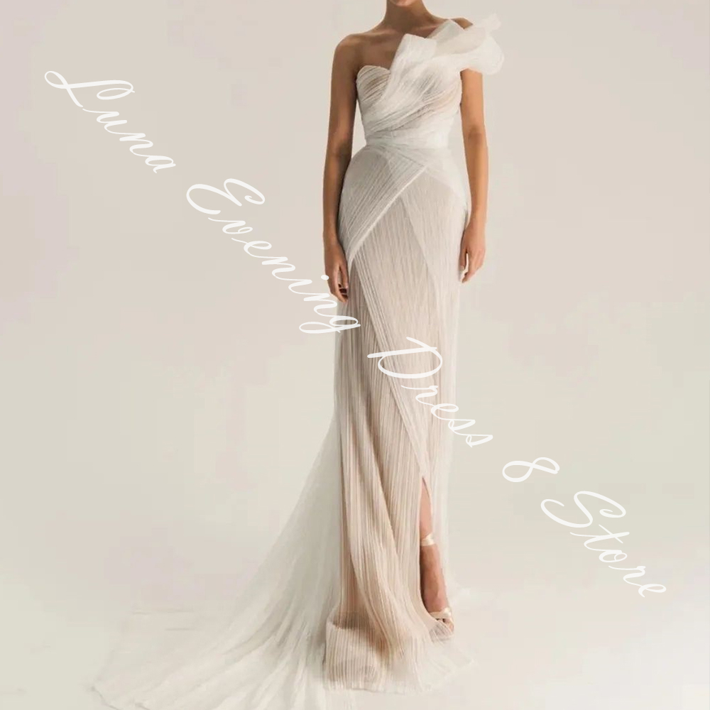 Customized  Luxury Jersey Straight One Shoulder Evening Dress Side Slit Floor Length Sleeveless Panel Train Vestidos de