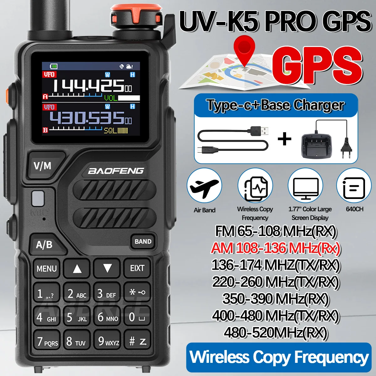 Baofeng UV-K5 PRO GPS Walkie Talkie Drahtlose Kopierfrequenz Multiband AM DTMF Typ-C AM FM Long Range NOAA Zweiweg-Amateurfunk