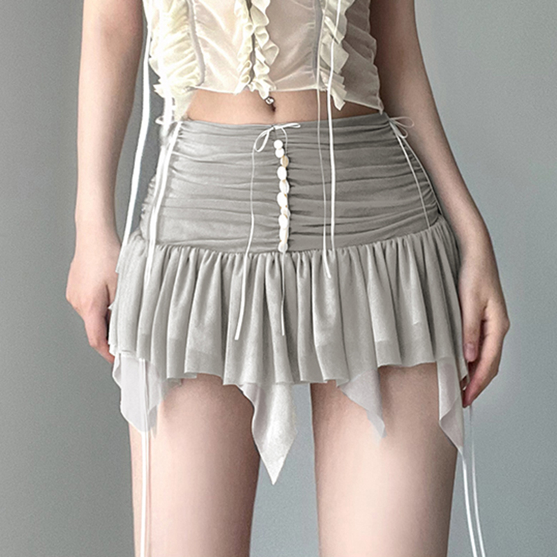 Cibbar Vouwt Transparante Mesh Mini Rok Y 2K Onregelmatige Lage Taille Patchwork Geplooide Rokken Voor Dames Vintage Jaren 90 Kleding Dames