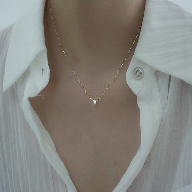 925 Sterling Silver 18k Gold-Plated Necklace With a Single Shiny 5A Zircon Collarbone Chain Suitable For Women's Wedding Jewelry