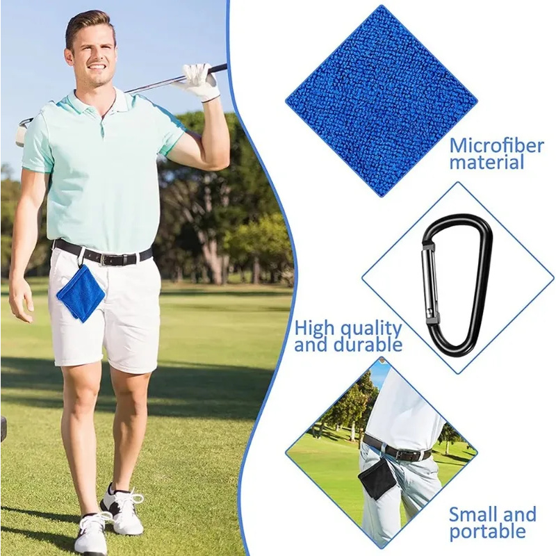 Toalha de limpeza de bola de golfe de microfibra quadrada com mosquetão gancho limpador de absorção de água clube de golfe para cabeça limpar pano limpo