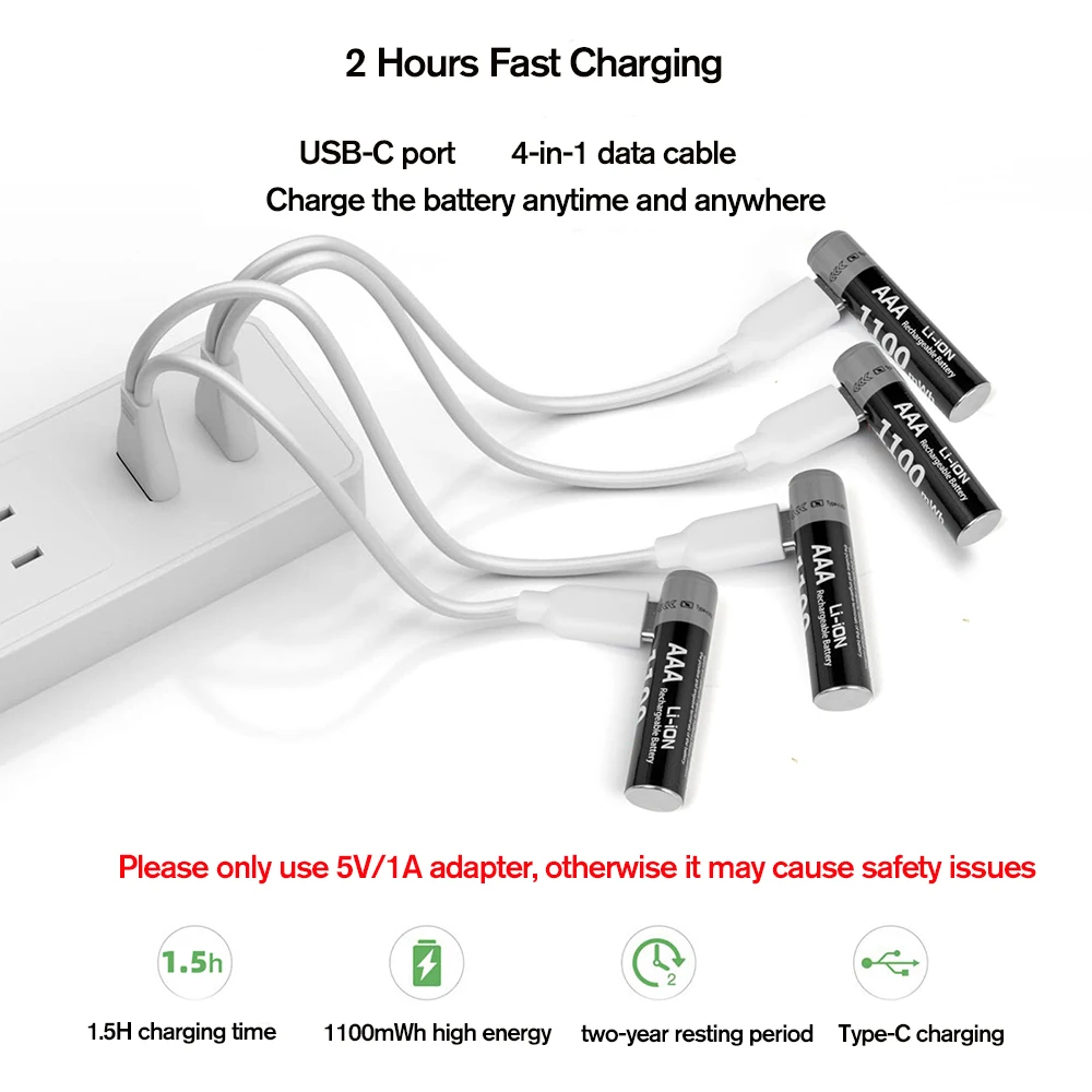 MATOV 1.5V AAA USB Li-ion Rechargeable Battery Aaa 1.5V 1100mWh Lithium Batteries with 4-in-1 Cable for Toys Camera Flashlight
