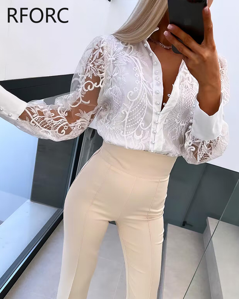 2024 Frauen lange Ärmel Perlen Knopf Spitze Blume hohl umdrehen Hals Bluse Hemd Top