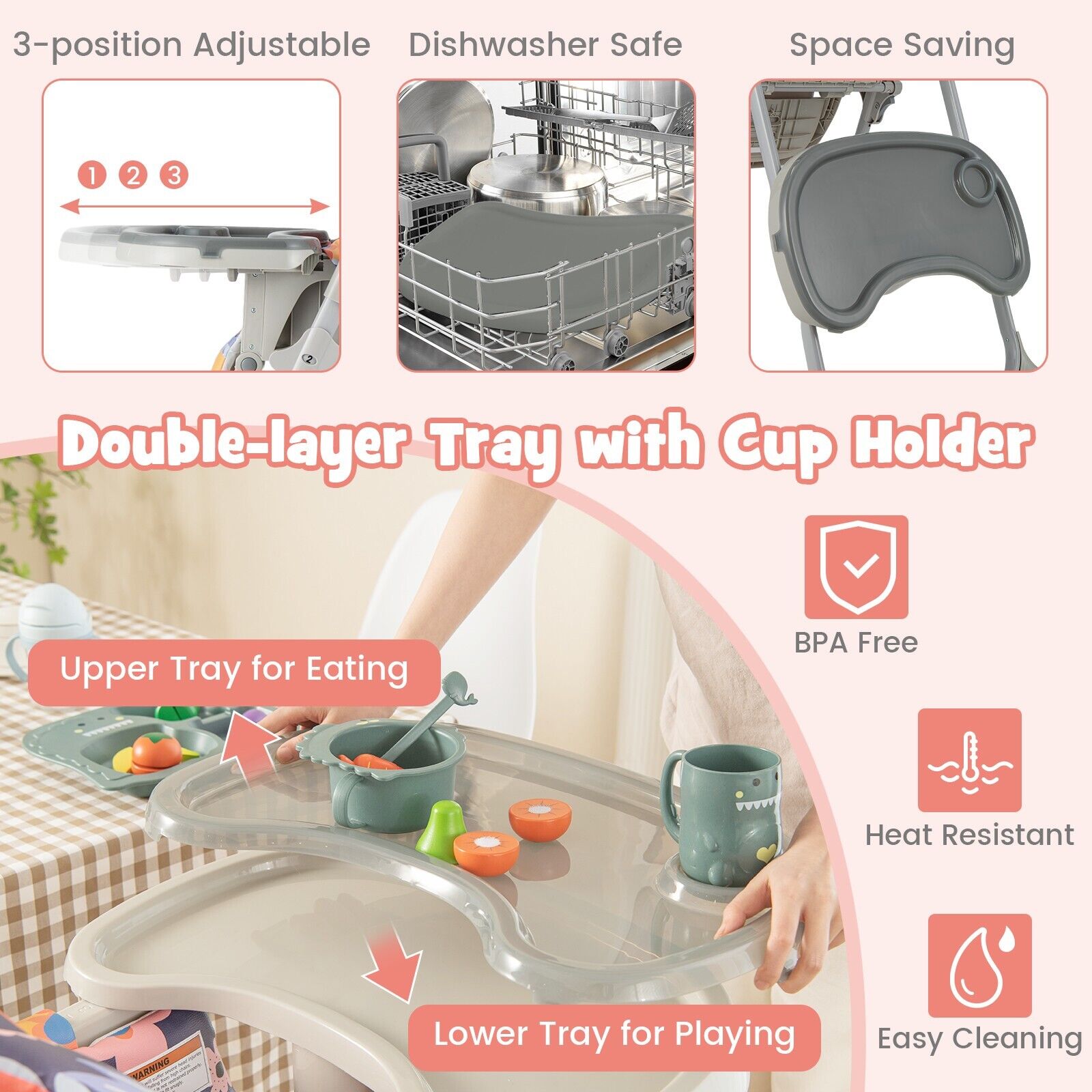 GOFLAME Folding Baby Highchair Height Adjustable Feeding Chair W/ Recline Footrest &Tray