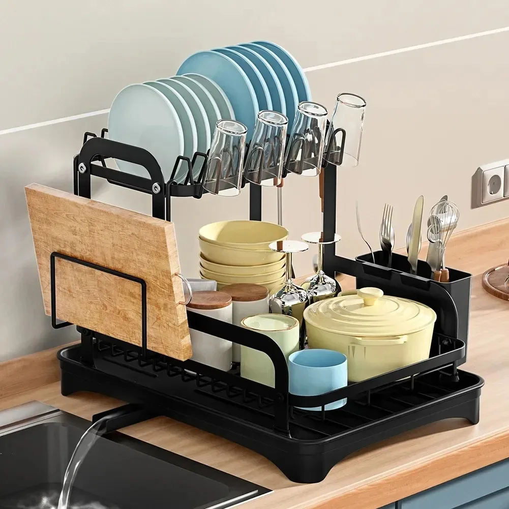 Escurridor de platos de 2 niveles, estante de almacenamiento, estante de secado de platos de cocina con escurridor, organizador de vajilla para encimera, escurridor