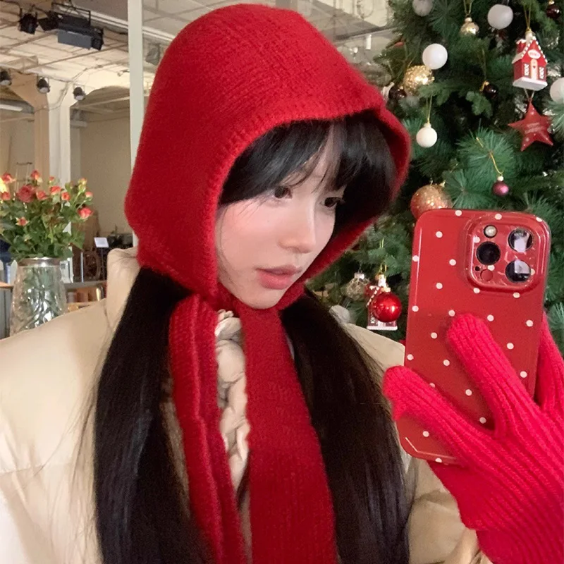 Gorros de punto coreanos, gorro cálido para otoño e invierno para mujer, gorro pasamontañas bonito y agradable, gorro con capucha con correa versátil a la moda