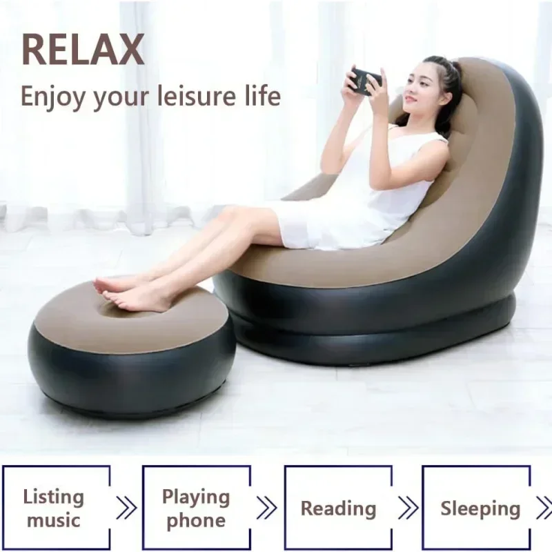 Lazy Couch Sofas Inflatable Chair Foldable Recliner Outdoor Sofa Bed Footstool Portable Folding Air Bed Lunch Lounge Chair Set